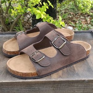Double Strap Slip On Sandals Brown Vegan Leather